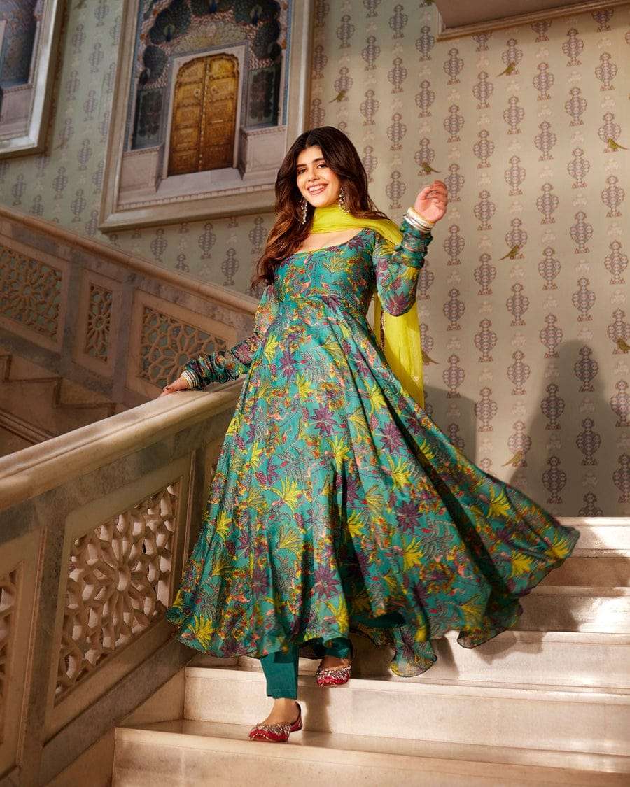 Peach Chanderi Anarkali printed with unique fruit & leaf motif,neck sugar  bead embroidered & intricately printed dupatta