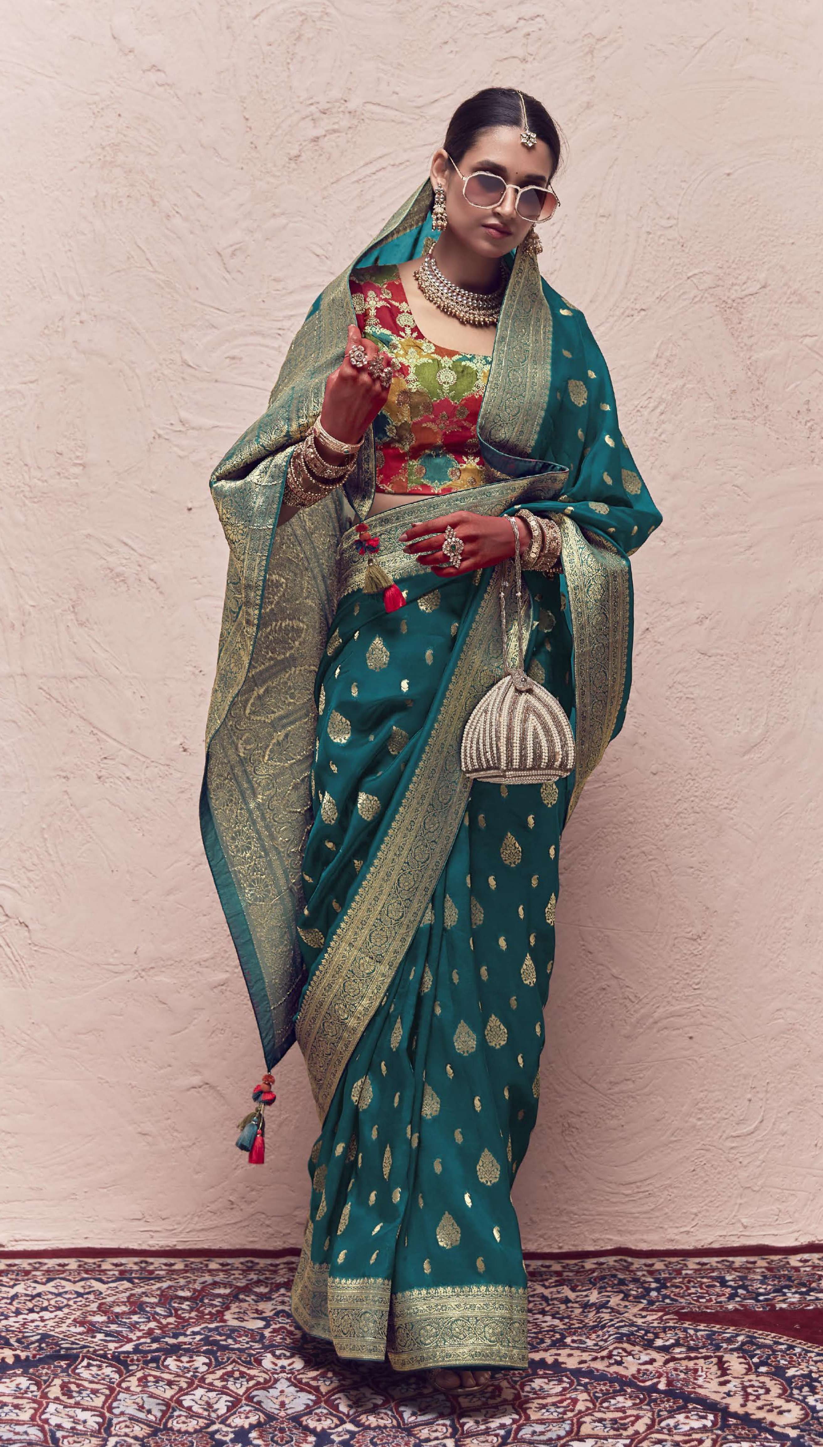 Morpich Floral Embroidered Vichitra Silk Saree